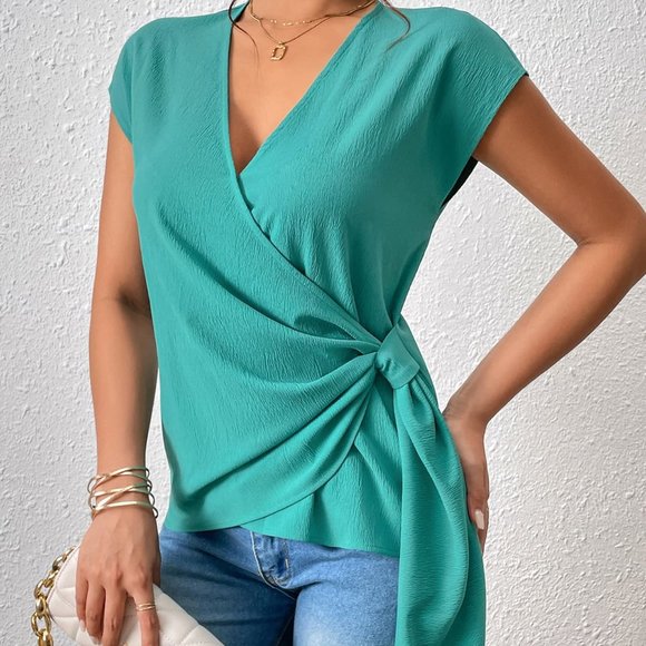 Tied Surplice Neck Short Sleeve Blouse - Picture 3 of 5